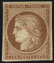 Sale Number 1058, Lot Number 5008, FRANCE, 1849, 1fr Dull Orange Red (Vermillon Terne) on Yellowish Paper (8a; Yvert 7b)