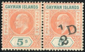 Cayman Islands, 1907, -1/2p on 5sh, Pair, One Without Surcharge, (Scott 18d; SG 18d)