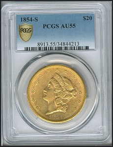 Liberty Double Eagle, $20, 1854 - S, 8913, Obverse