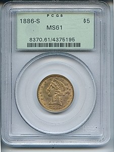 Liberty Half Eagle, $5, 1886 - S, 8370, Obverse