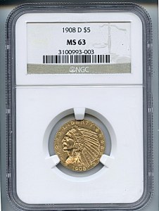 Indian Half Eagle, $5, 1908 - D, 8511, Obverse