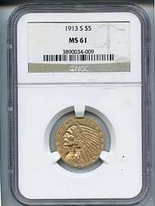 Indian Half Eagle, $5, 1913 - S, 8526, Obverse