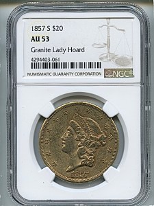 Liberty Double Eagle, $20, 1857 - S, 8922, Obverse