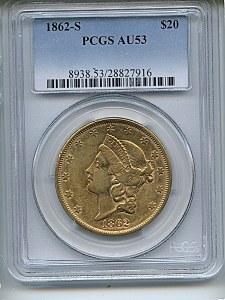 Liberty Double Eagle, $20, 1862 - S, 8938, Obverse
