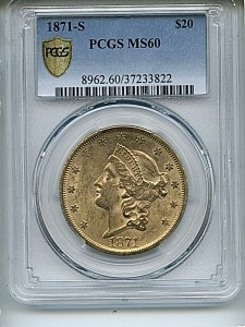Liberty Double Eagle, $20, 1871 - S, 8962, Obverse