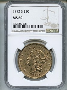 Liberty Double Eagle, $20, 1872 - S, 8965, Obverse