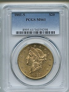 Liberty Double Eagle, $20, 1881 - S, 8995, Obverse