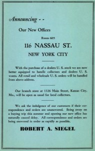 Announcement of move to New York City in Sale 25 catalogue