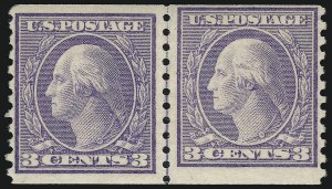 Sale 914, Lot 1723, 1912-23 Issues (Scott 491 to 519), 3c Violet, Ty. I, II, Coil (493-494) Sale 914, Lot 1723, 1912-23 Issues (Scott 491 to 519)