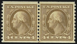 Sale 914, Lot 1728, 1912-23 Issues (Scott 491 to 519), 4c Orange Brown, Coil (495) Sale 914, Lot 1728, 1912-23 Issues (Scott 491 to 519)