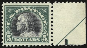 Sale 938, Lot 1698, 1912-23 Issues (Scott 523 to 550), $5.00 Deep Green & Black (524) Sale 938, Lot 1698, 1912-23 Issues (Scott 523 to 550)