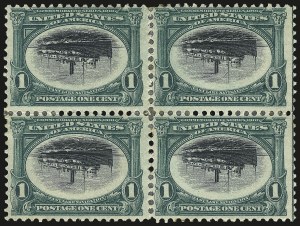 Sale 968A, Lot 367, 1901 Pan-American Issue Invert Blocks (Scott 294a, 295a, 296)