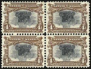 Sale 968A, Lot 369, 1901 Pan-American Issue Invert Blocks (Scott 294a, 295a, 296)