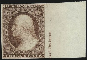 Sale 1017, Lot 234, 3c 1851-56, Brownish Carmine, Imprint, Corner, Sheet Margins (Scott 11-11A)