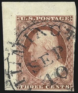 Sale 1017, Lot 238, 3c 1851-56, Brownish Carmine, Imprint, Corner, Sheet Margins (Scott 11-11A)