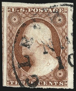 Sale 1017, Lot 239, 3c 1851-56, Brownish Carmine, Imprint, Corner, Sheet Margins (Scott 11-11A)