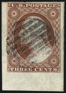 Sale 1017, Lot 240, 3c 1851-56, Brownish Carmine, Imprint, Corner, Sheet Margins (Scott 11-11A)