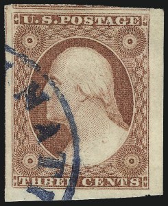 Sale 1017, Lot 242, 3c 1851-56, Brownish Carmine, Imprint, Corner, Sheet Margins (Scott 11-11A)
