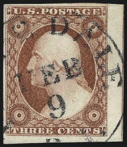 Sale 1017, Lot 244, 3c 1851-56, Brownish Carmine, Imprint, Corner, Sheet Margins (Scott 11-11A)