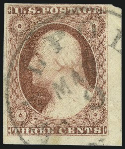 Sale 1017, Lot 246, 3c 1851-56, Brownish Carmine, Imprint, Corner, Sheet Margins (Scott 11-11A)
