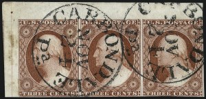 Sale 1017, Lot 248, 3c 1851-56, Brownish Carmine, Imprint, Corner, Sheet Margins (Scott 11-11A)
