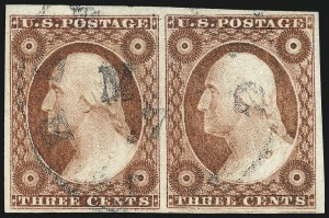 Sale 1017, Lot 250, 3c 1851-56, Brownish Carmine, Imprint, Corner, Sheet Margins (Scott 11-11A)