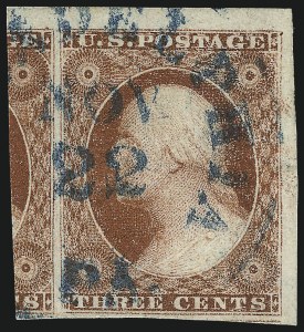 Sale 1017, Lot 328, 3c 1851-56, Dull Red, Corner Margin Copies (Scott 11-11A)