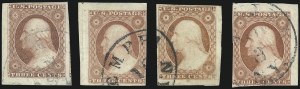 Sale 1017, Lot 346, 3c 1851-56, Dull Red, Corner Margin Copies, Cont. (Scott 11-11A)