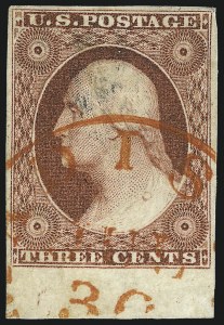 Sale 1017, Lot 402, 3c 1851-56, Dull Red, Sheet-Margin Copies (Scott 11-11A)
