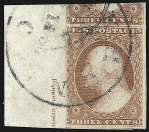 Sale 1017, Lot 429, 3c 1851-56, Claret, Imprint and Corner Margin Copies (Scott 11-11A)