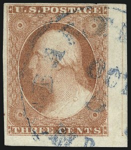 Sale 1017, Lot 435, 3c 1851-56, Claret, Imprint and Corner Margin Copies (Scott 11-11A)