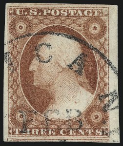 Sale 1017, Lot 447, 3c 1851-56, Claret, Sheet Margin Copies (Scott 11-11A)