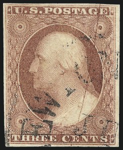 Sale 1017, Lot 479, 3c 1851-56, Claret, Plate Cracks (Scott 11A var)