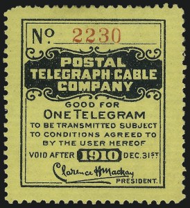 Sale 1031, Lot 1251, Savings, Telegraph Company Stamps