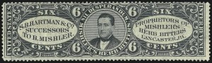 Sale 1067, Lot 721, Revenues: Private Die Proprietary - Match & Medicine, S. B. Hartman & Co., 6c Black, Silk Paper (RS100b) Sale 1067, Lot 721, Revenues: Private Die Proprietary - Match & Medicine