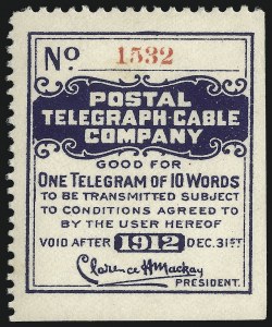 Sale 1067, Lot 768, Revenues: Hunting Permits thru Telegraph, Postal Telegraph Co., 1912, Blue (15T37) Sale 1067, Lot 768, Revenues: Hunting Permits thru Telegraph