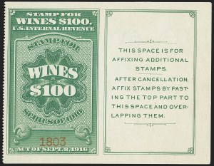 Sale 1140, Lot 1352, Revenues, Wine Stamps, $100.00 Green, 1916 Issue, Wine (RE59) Sale 1140, Lot 1352, Revenues, Wine Stamps