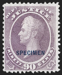 Sale 1240, Lot 598, Officials including Special Printings, 1c-90c Justice, Specimen Ovpt. (O25S-O34S) Sale 1240, Lot 598, Officials including Special Printings