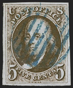 Sale 1255, Lot 24, 5c 1847 Issue, Early Impressions (Scott 1)