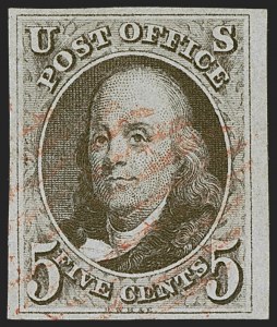 Sale 1255, Lot 38, 5c 1847 Issue, Intermediate and Worn-Plate Impressions (Scott 1)