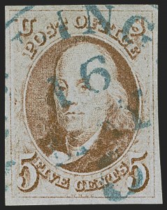 Sale 1255, Lot 44, 5c 1847 Issue, Intermediate and Worn-Plate Impressions (Scott 1)