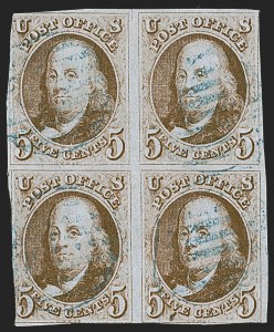 Sale 1255, Lot 49, 5c 1847 Issue, Blocks (Scott 1)