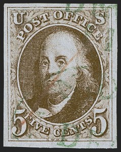 Sale 1255, Lot 70, 5c 1847 Issue, Cancellations: Colored Cancels (Scott 1)