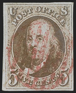 Sale Number 1255, Lot Number 73, 5c 1847 Issue, Cancellations: Colored Cancels (Scott 1)
