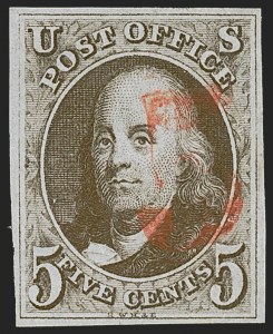 Sale 1255, Lot 85, 5c 1847 Issue, Cancellations: "Paid", "Way", Numerals (Scott 1)