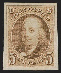 Sale 1290, Lot 1009, Essays, Proofs and Specimens, 5c Red Brown, Large Die Proof on Bluish Laid Paper (1P1d) Sale 1290, Lot 1009, Essays, Proofs and Specimens