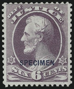 Sale 905, Lot 3330, Official Specimens and Sepcimens, 6c Justice, Specimen Ovpt. (O28S) Sale 905, Lot 3330, Official Specimens and Sepcimens