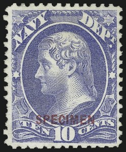 Sale 905, Lot 3338, Official Specimens and Sepcimens, 10c Navy, Specimen Ovpt. (O40S) Sale 905, Lot 3338, Official Specimens and Sepcimens
