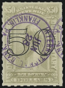 Sale 914, Lot 3091, Revenues, $50.00 Gray, Open Numeral Surcharge (R189) Sale 914, Lot 3091, Revenues