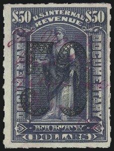 Sale 914, Lot 3093, Revenues, $50.00 Green, Ornamental Numeral Surcharge (R194) Sale 914, Lot 3093, Revenues